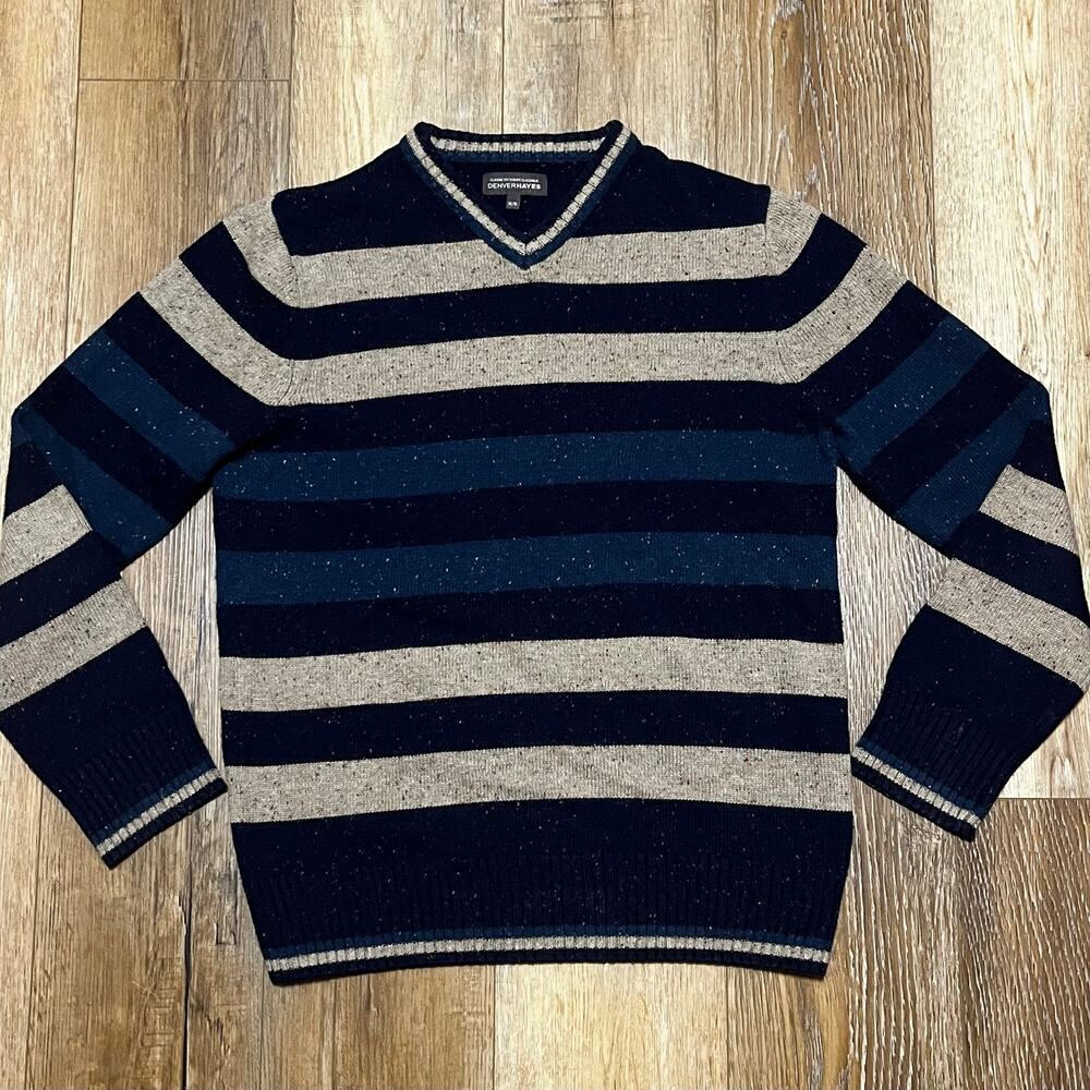Denver Hayes Striped Heavy Knit Sweater V Neck Mens M Cotton Preppy Ski Classic